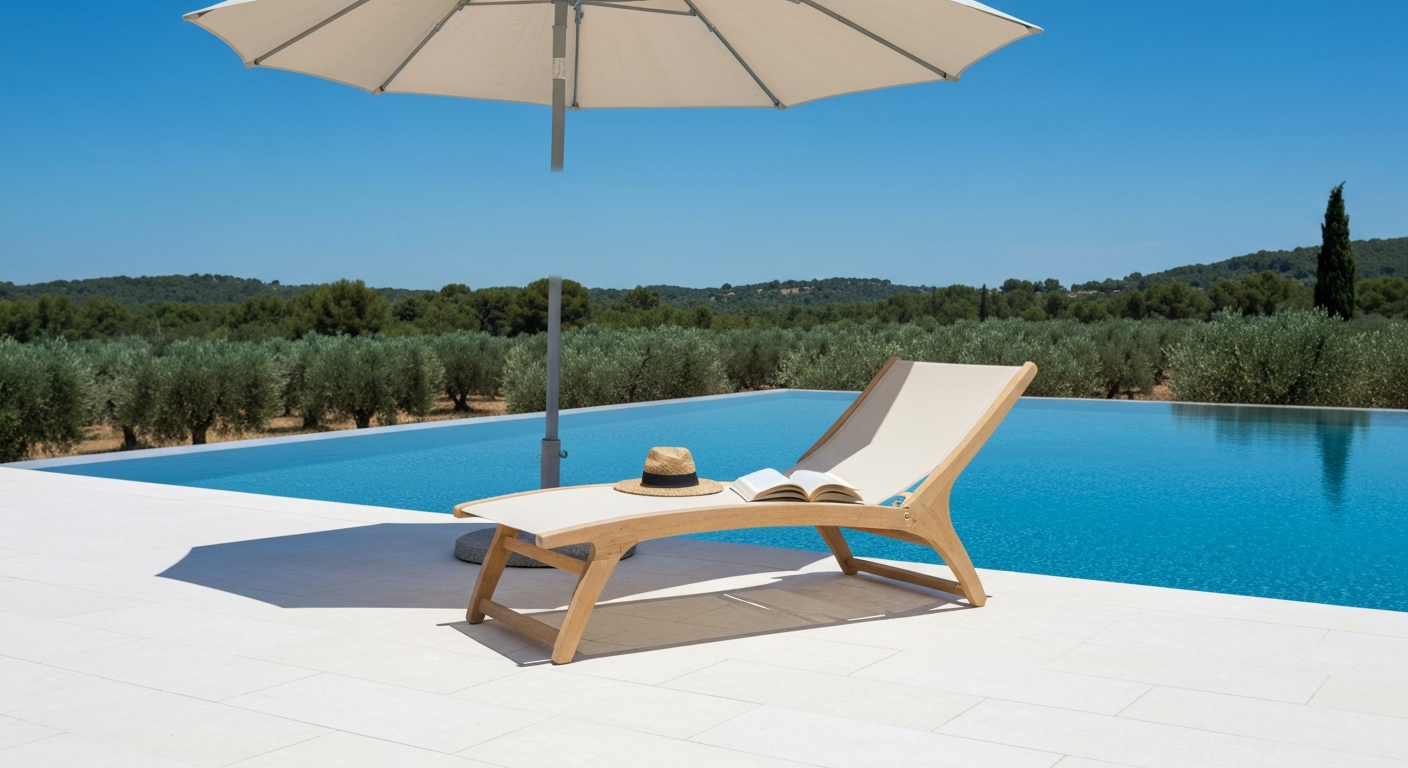 Chaise longue en toile écrue au bord d'une piscine