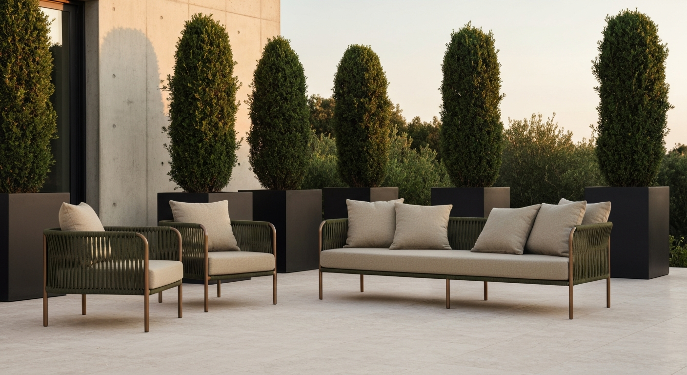 Salon de jardin haut de gamme sur une terrasse en travertin