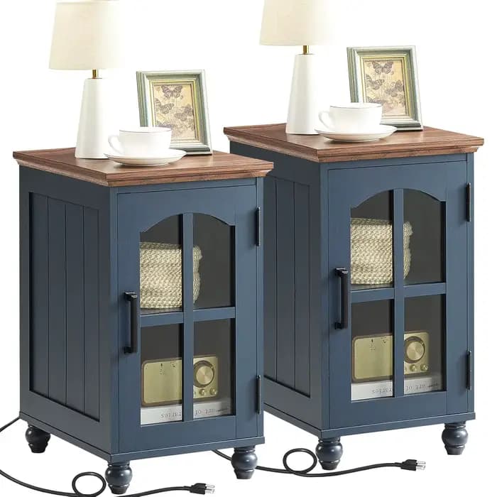 Ensemble de 2 tables d'appoint étroites, table de chevet style farmhouse avec station de charge, tab