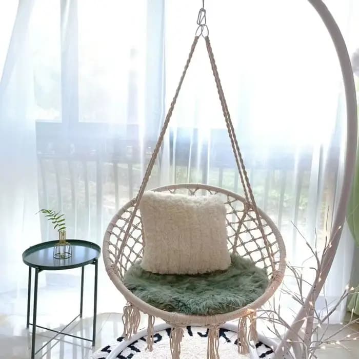 Fauteuil suspendu d'extérieur en corde de coton tressée avec pompons, panier balançoire paresseux po