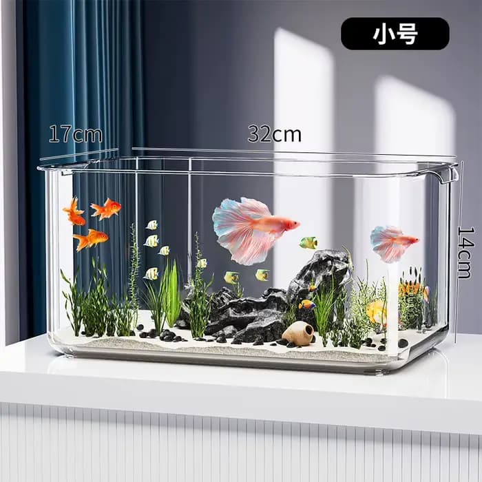 Aquarium de bureau moderne et minimaliste, transparent, pour poissons rouges, avec plantes et paysag