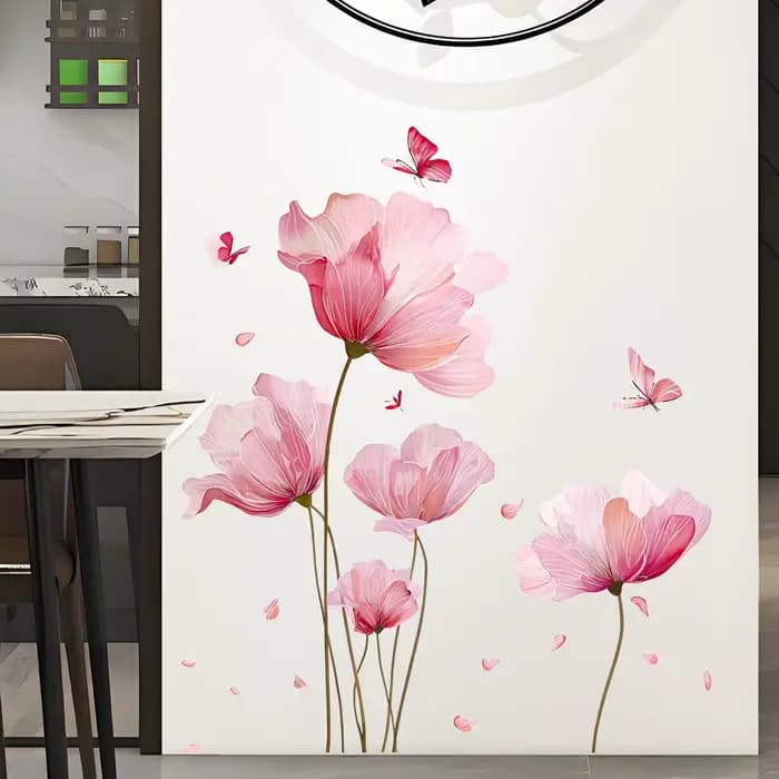 Autocollant mural romantique avec fleurs roses et papillons, décoration murale pour salon, chambre à