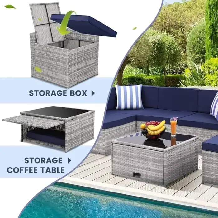 Ensemble segmenté de meubles de patio d'extérieur en rotin de 8 pièces, table à plateau en verre ave