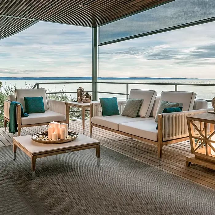 Patio extérieur loisirs canapé en bois jardin étanche à l'eau rotin teck canapé ensemble meubles