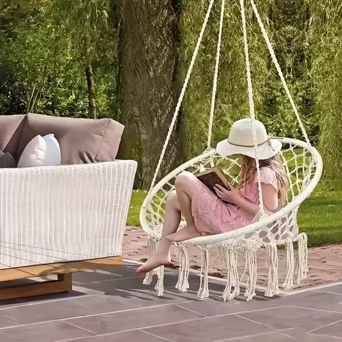 Chaise suspendue tissée avec dossier pour intérieur et extérieur |   Chaise pivotante pour jardin, p
