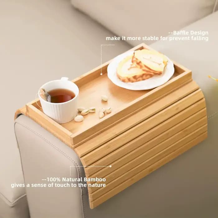 Plateau de bras de canapé en bambou, plateau de repose-bras de canapé pliable au fini en bambou natu