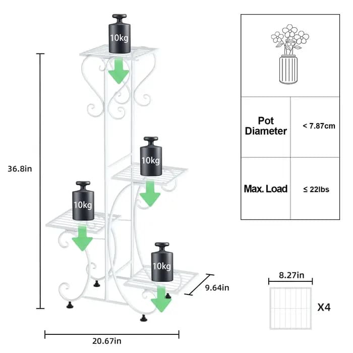 Support de plante en métal à 4 niveaux pour jardin intérieur et extérieur, présentoir de pot de fleu