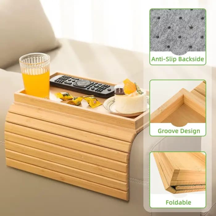 Plateau de bras de canapé en bambou, plateau de repose-bras de canapé pliable au fini en bambou natu