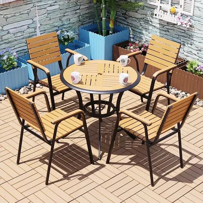 Table et chaise d'extérieur en plastique et bois, combinaison de cour, jardin, table et chaise en bo