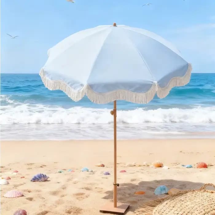 Parasol de plage bleu clair de grande taille pour l'extérieur, abri de jardin pliable avec pompons p