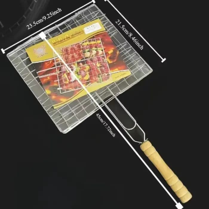Barbecue grillé réutilisable viande poisson pince support manche en bois métal gril maille pliable