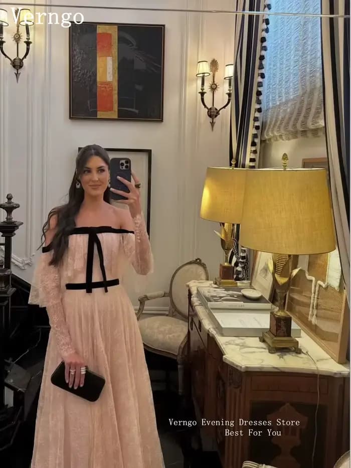 Verngo – robe de soirée élégante en dentelle rose, épaules dénudées, ligne A, robe de bal maxi, robe de soirée formelle pour femmes, robe de soirée familiale personnalisée