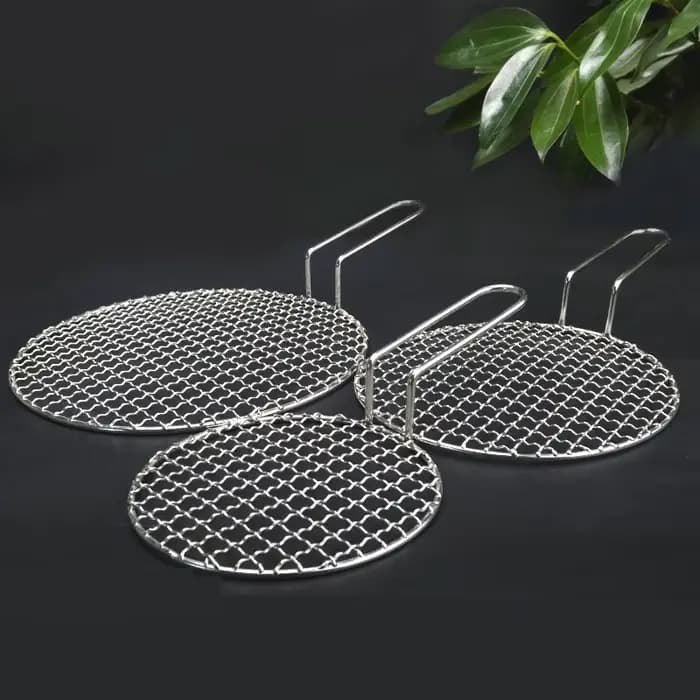 Grille de barbecue ronde en acier inoxydable 304, qualité alimentaire, 16-48cm, grille métallique avec poignée de 10cm