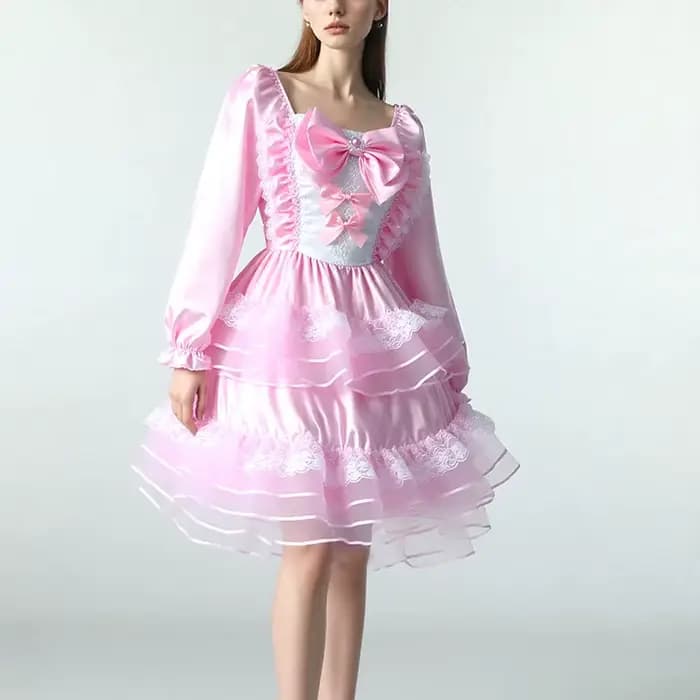 ABDL – robe Lolita en Satin rose brillant et soyeux, Mini robe bouffante en dentelle avec nœud papillon, à volants, princesse, en Tulle, pour Cosplay CD