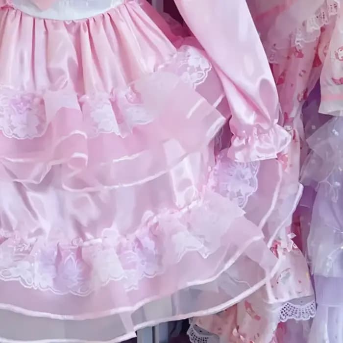 ABDL – robe Lolita en Satin rose brillant et soyeux, Mini robe bouffante en dentelle avec nœud papillon, à volants, princesse, en Tulle, pour Cosplay CD
