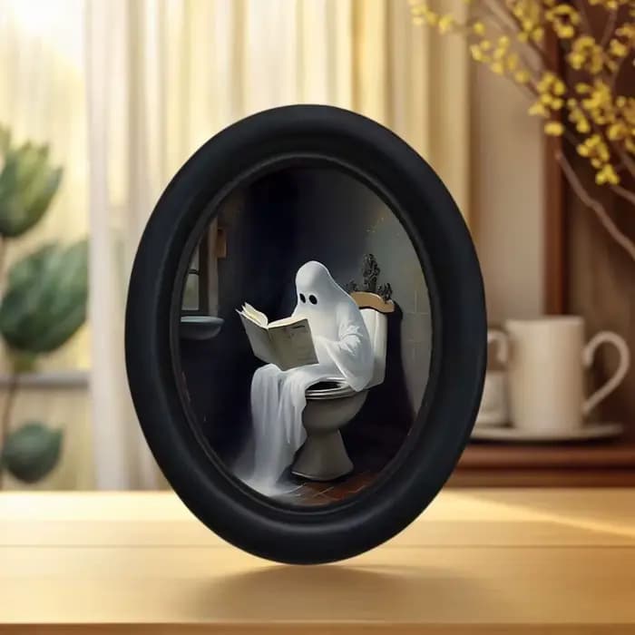 1 morceau de rétro Halloween petit fantôme assis sur la toilette lecture murale décorative - Art mural ovale en bois fait à la main (525 * 4,16 pouces), décoration ovale, Halloween, Noël, Thanksgiving