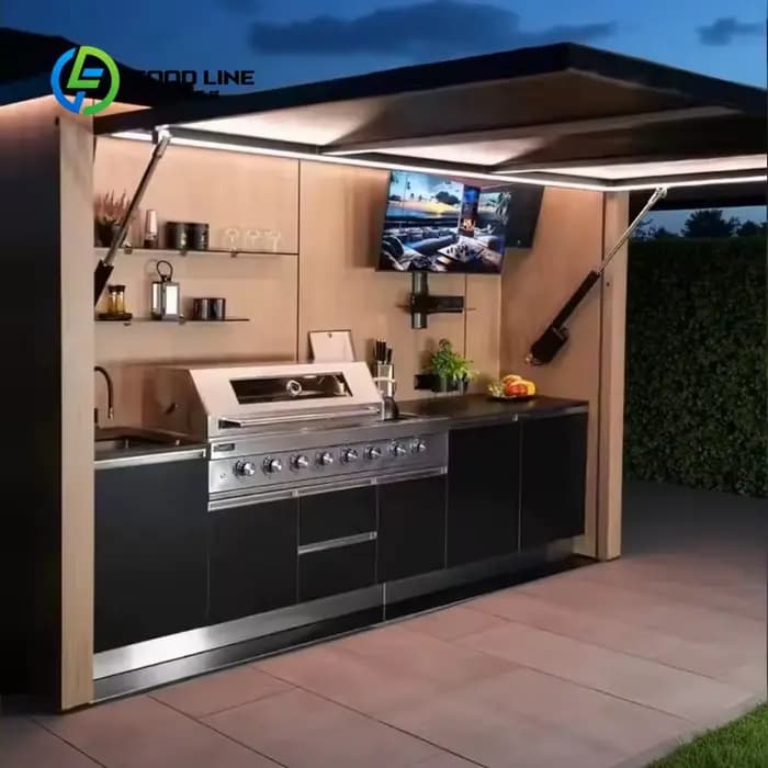 Îlot de cuisine extérieur personnalisé avec comptoir en granit et armoires en acier inoxydable pour terrasse et divertissement en plein air