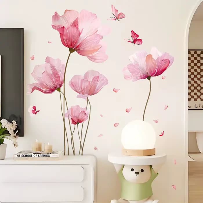 Autocollant mural romantique avec fleurs roses et papillons, décoration murale pour salon, chambre à coucher, autocollants auto-adhésifs pour la décoration de la pièce