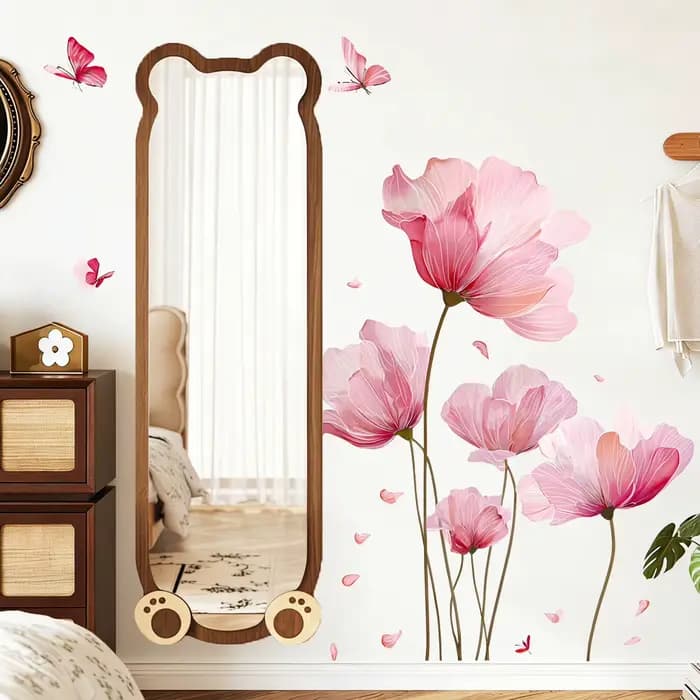 Autocollant mural romantique avec fleurs roses et papillons, décoration murale pour salon, chambre à coucher, autocollants auto-adhésifs pour la décoration de la pièce