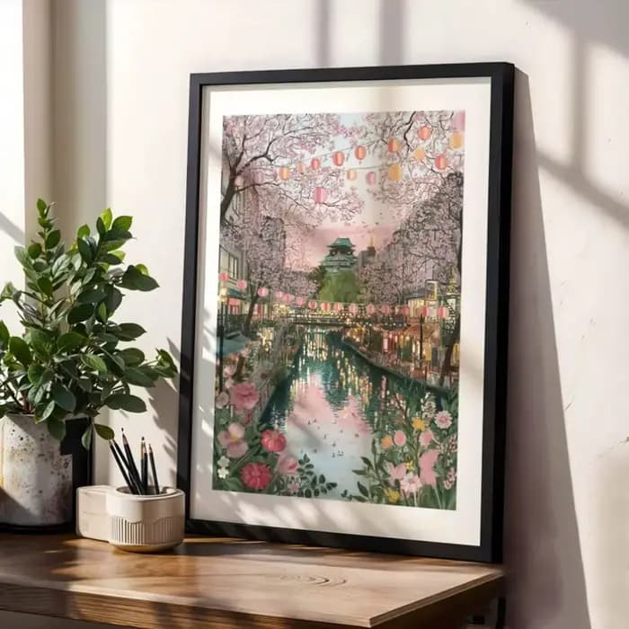 Affiche de paysage de voyage au Japon, ville florale rose, village japonais, fleurs de cerisier, peinture sur toile, art mural, décoration de salon, décoration de la maison