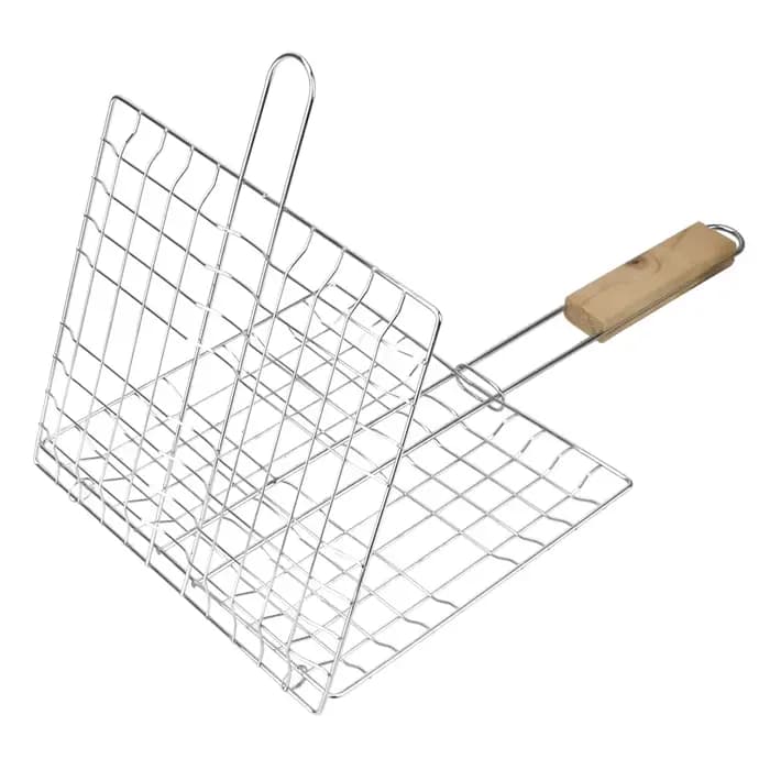 Barbecue grillé réutilisable viande poisson pince support manche en bois acier inoxydable gril maille pliable BBQ Grill