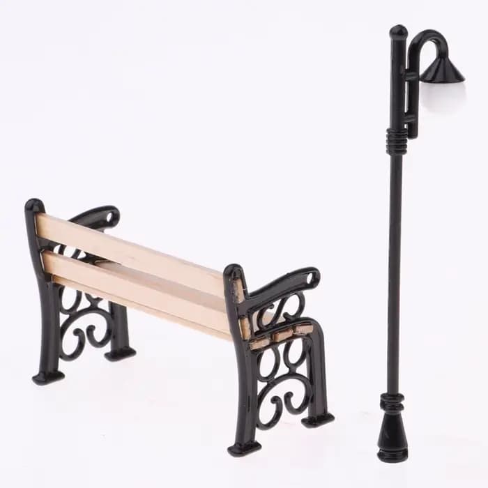 Banc de parc et lampadaire en bois