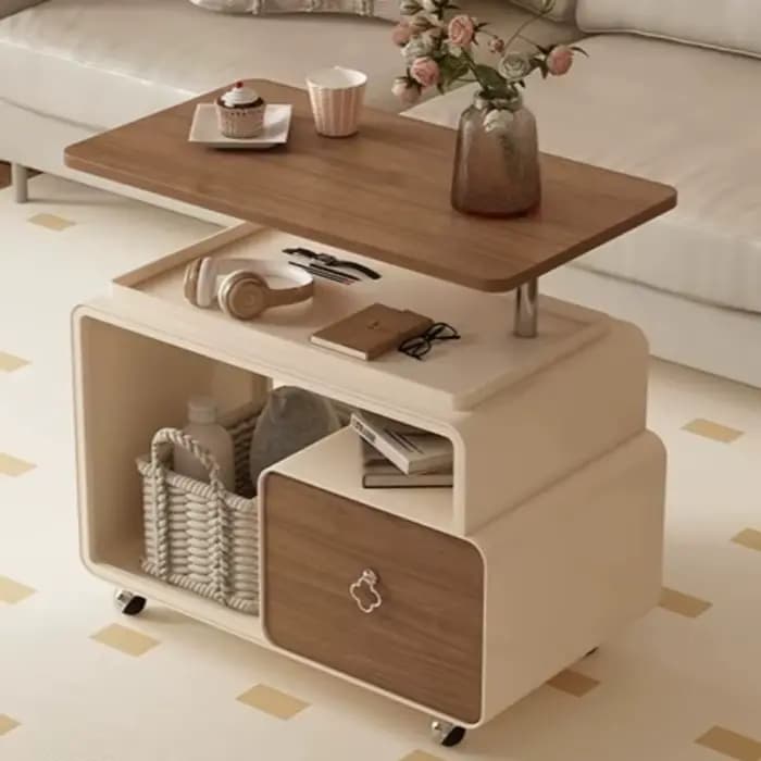 Tables basses de rangement en bois avec plateau relevable sur roulettes