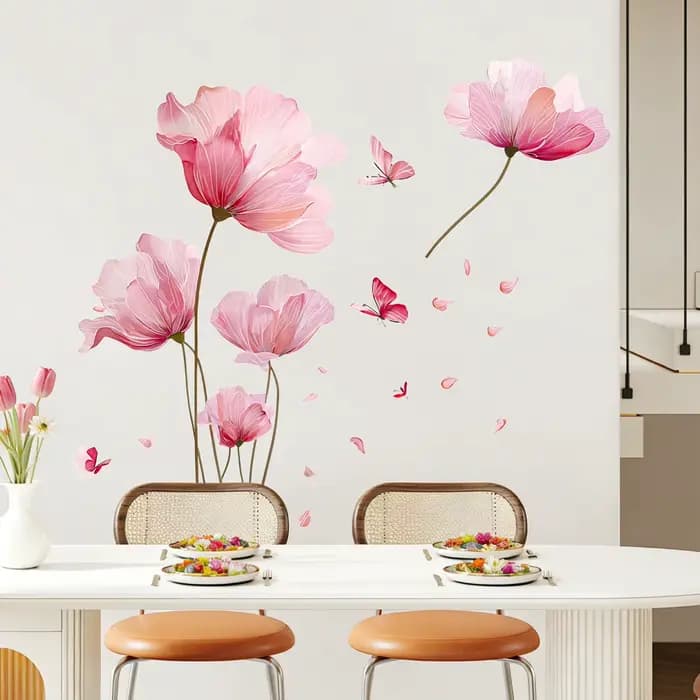 Autocollant mural romantique avec fleurs roses et papillons, décoration murale pour salon, chambre à coucher, autocollants auto-adhésifs pour la décoration de la pièce