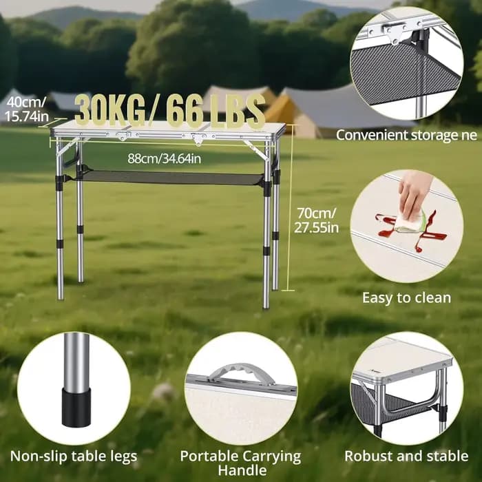 Table de camping pliante avec filet de rangement
