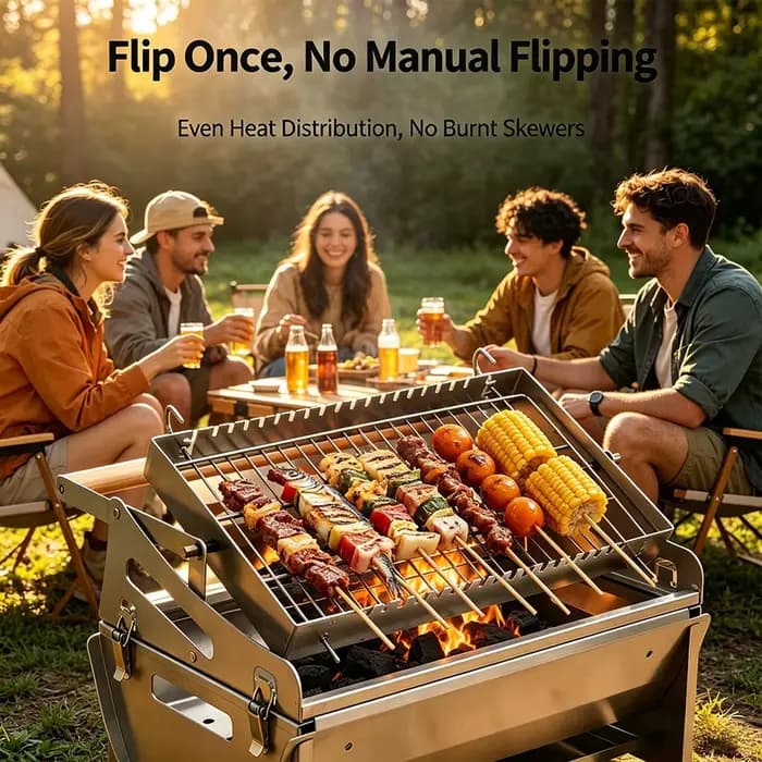 360 °   Barbecue au charbon de bois portable, pliable et rotatif en acier inoxydable avec grille amovible pour le camping en plein air, la plage et la cuisine