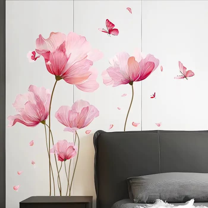 Autocollant mural romantique avec fleurs roses et papillons, décoration murale pour salon, chambre à coucher, autocollants auto-adhésifs pour la décoration de la pièce