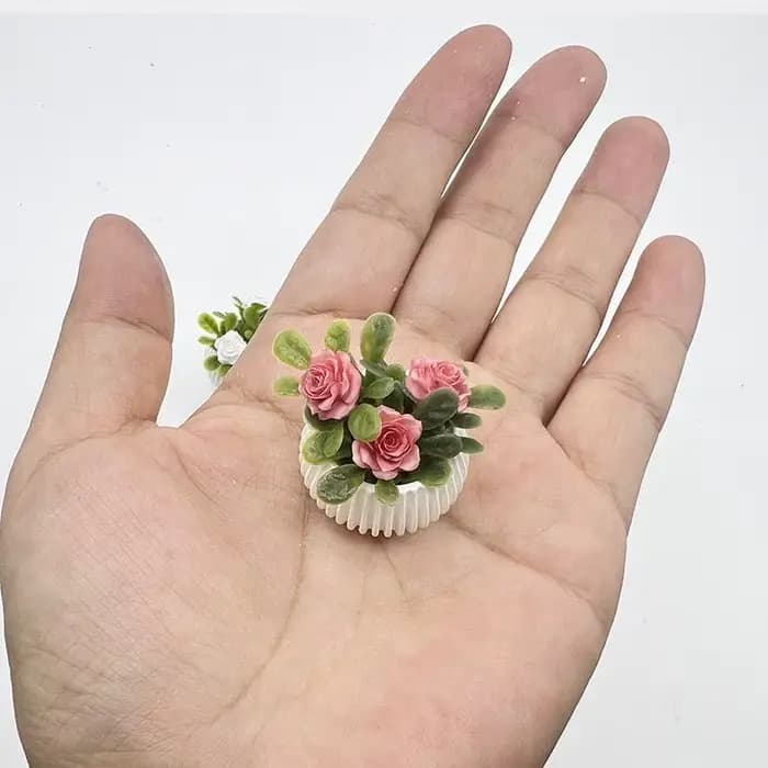 ☌ 1 pièce Décoration de scène de salon pour maison de poupée, Modèle de plante miniature en pot (rose), Artisanat de paysage miniature