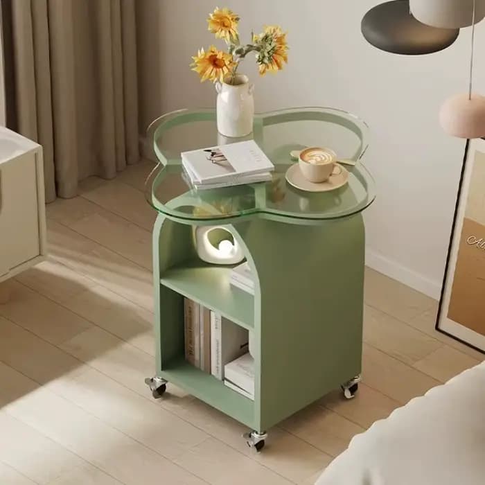 Table d'appoint en verre et bois avec rangement