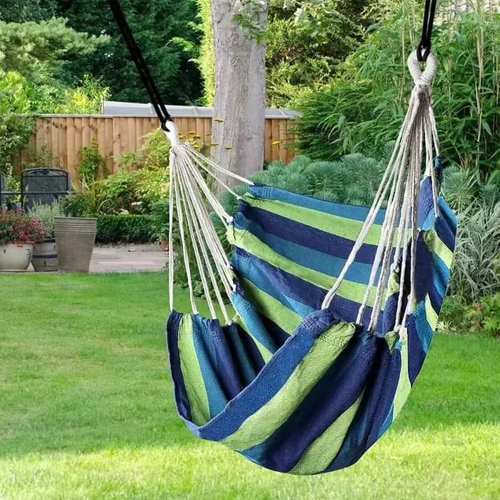 Fauteuil hamac confortable pour dortoir, chaise suspendue de jardin en toile rayée colorée avec sac de rangement, siège de balançoire de jardin en corde de coton