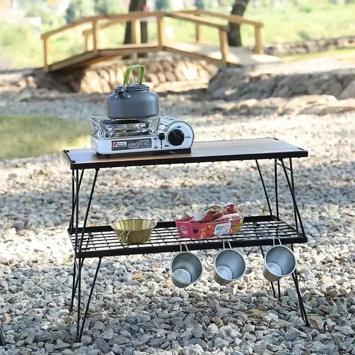 Table pliante multifonctionnelle d'extérieur en bambou avec étagères multiples pour barbecue, camping et pique-nique