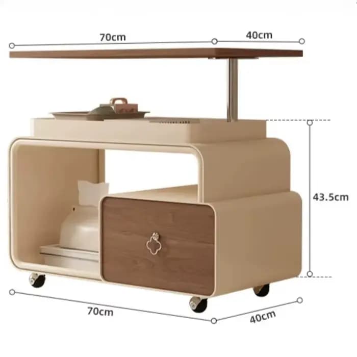 Tables basses de rangement en bois avec plateau relevable sur roulettes