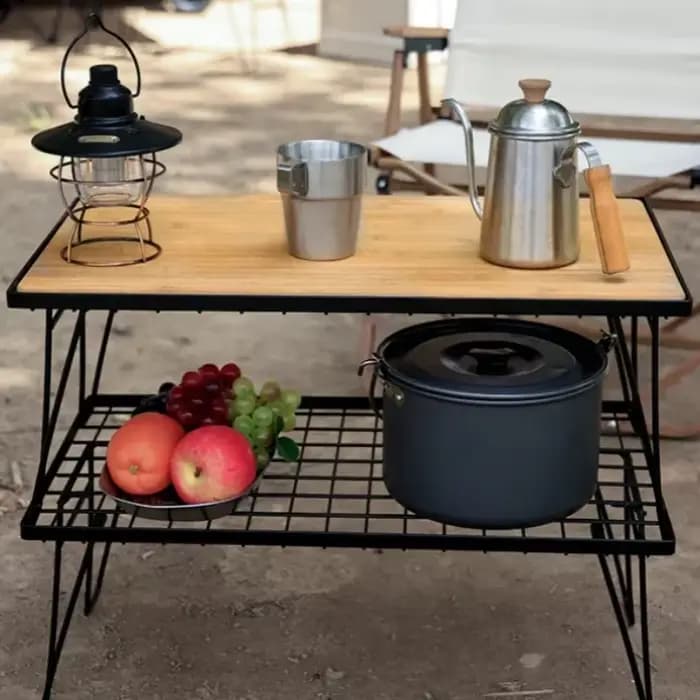 Table pliante multifonctionnelle d'extérieur en bambou avec étagères multiples pour barbecue, camping et pique-nique