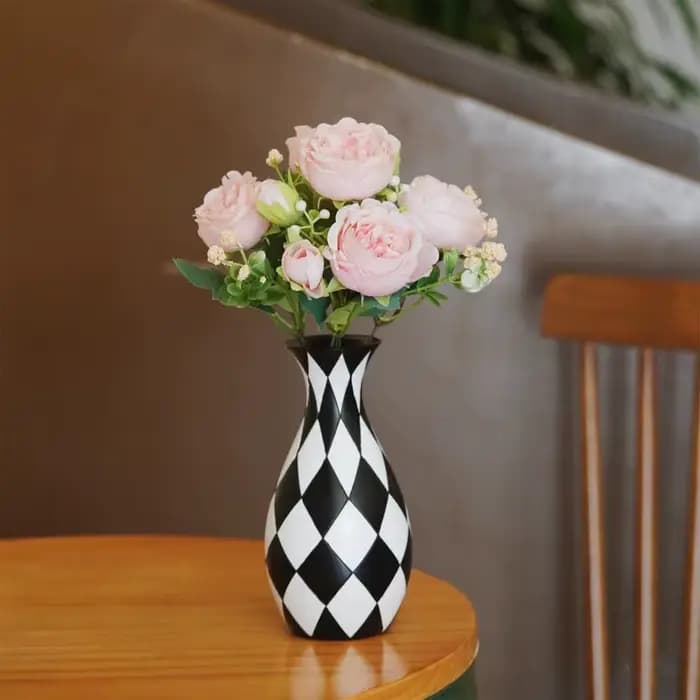 Vase à Fleurs à Carreaux Noir et Blanc, Décoration Esthétique pour Salon et Chambre à Coucher