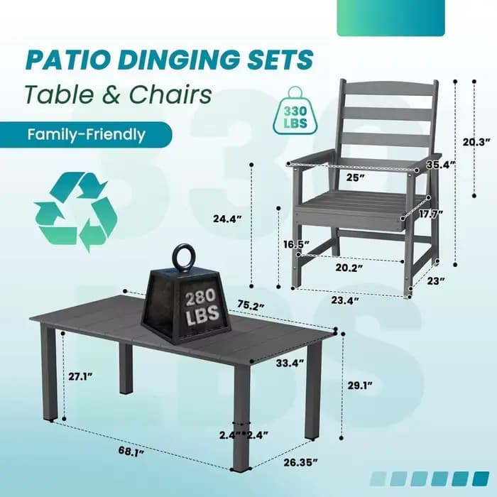 Ensembles de salle à manger de patio 7 pièces, ensemble de meubles d'extérieur en HDPE avec table de