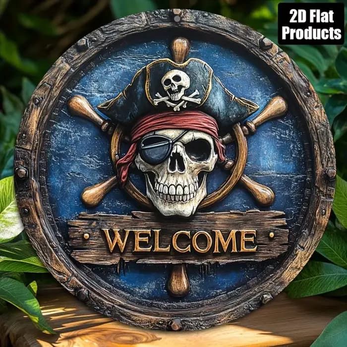 Panneau métallique pirate sur le thème nautique, 8x8 pouces, rond, 2D, plat, en aluminium, avec plan