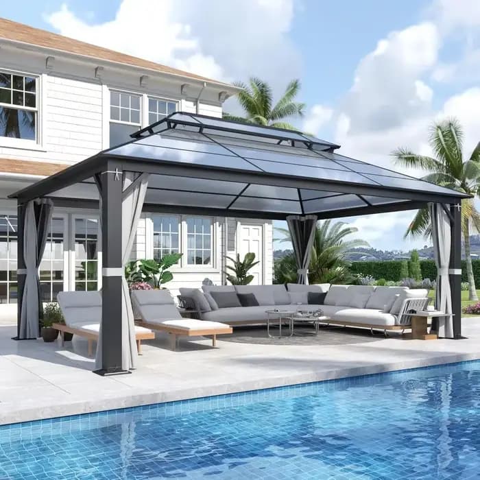 Gazebo rigide en polycarbonate 12x16 pieds avec double toit – Gazebo à cadre en acier robuste avec f