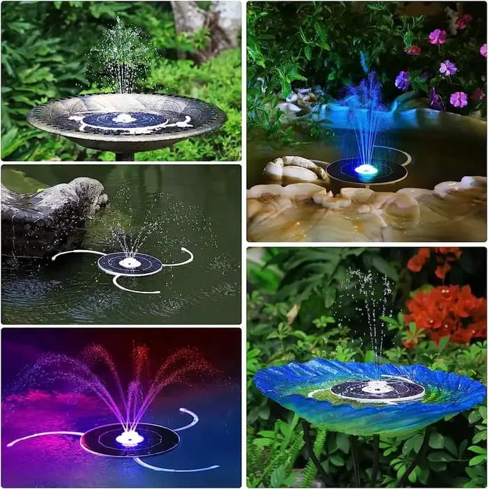 Pompe de fontaine solaire LED 3,5 W avec lumière colorée LED et batterie 1500 mah, 3 supports rétrac