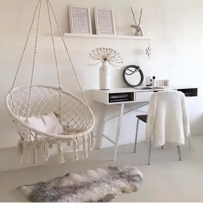 Balançoire avec ULen coton et cadre en métal, confortable, style nordique, chaise longue, extérieur,