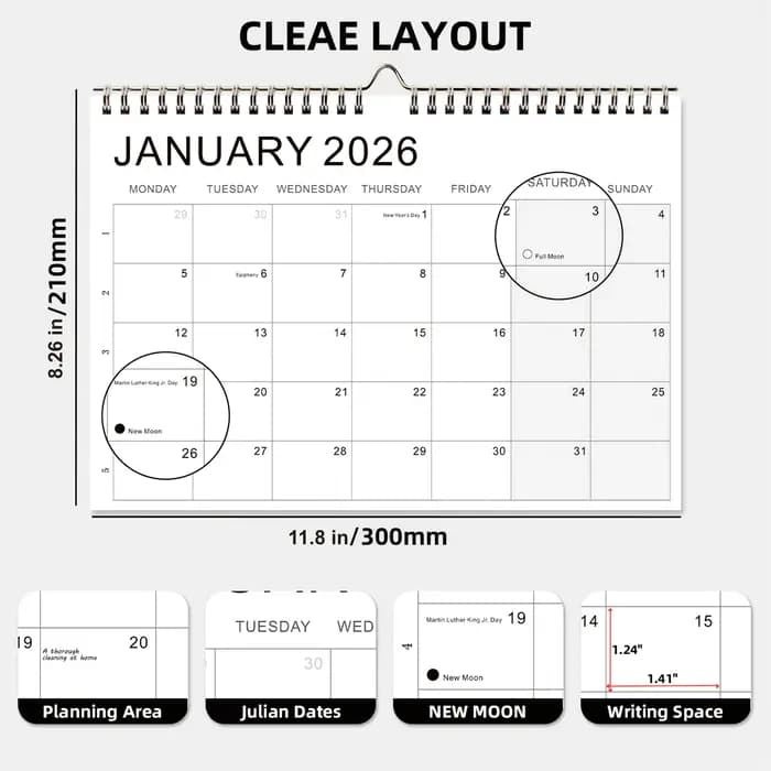 Calendrier hebdomadaire 1 pièce 2026-2027 - 52-Vue hebdomadaire avec onglets mensuels, marquages ple