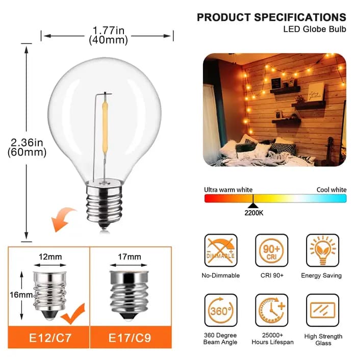 Ampoules de remplacement en plastique G40 DC3V pour guirlandes solaires, douilles à vis E12, lampe L