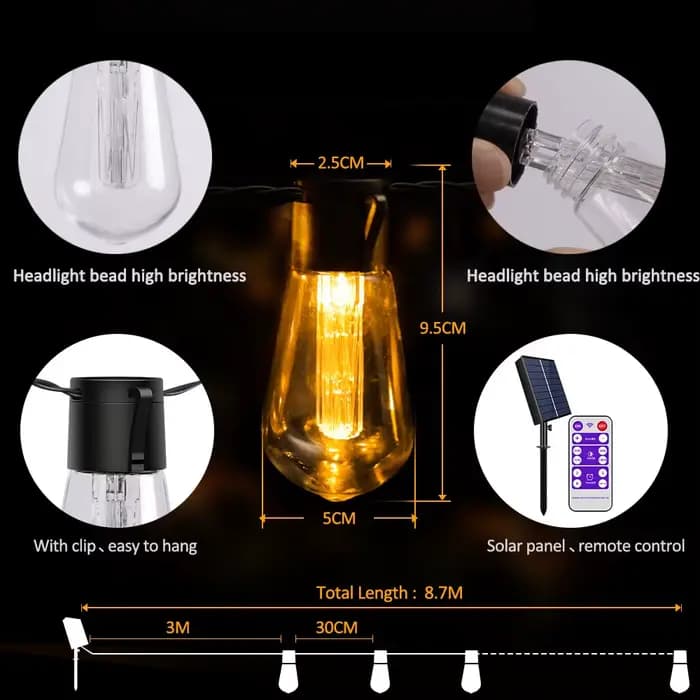 Guirlande solaire haute luminosité, 20 pieds (8M), 20 ampoules incassables, étanche S14 LED, guirlan