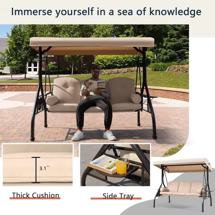 Balançoire de porche de Patio, balançoire extérieure à 3 places avec auvent réglable, coussin en tis