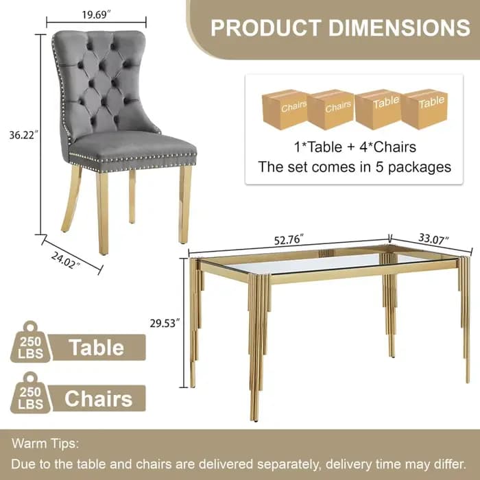 Ensemble de table à manger en verre 5 pièces pour 4, table de cuisine rectangulaire de 53" avec 4 ch