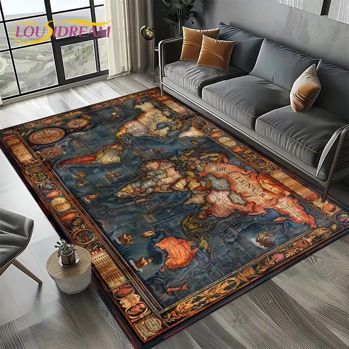 Tapis de sol antidérapant 2025, motif carte nautique rétro antique, boussole, pour salon, chambre, d