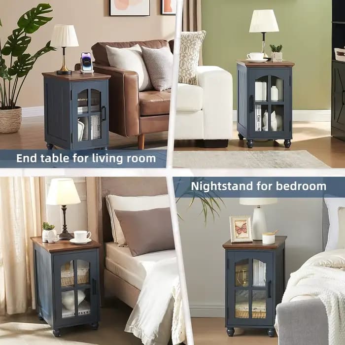 Ensemble de 2 tables d'appoint étroites, table de chevet style farmhouse avec station de charge, tab